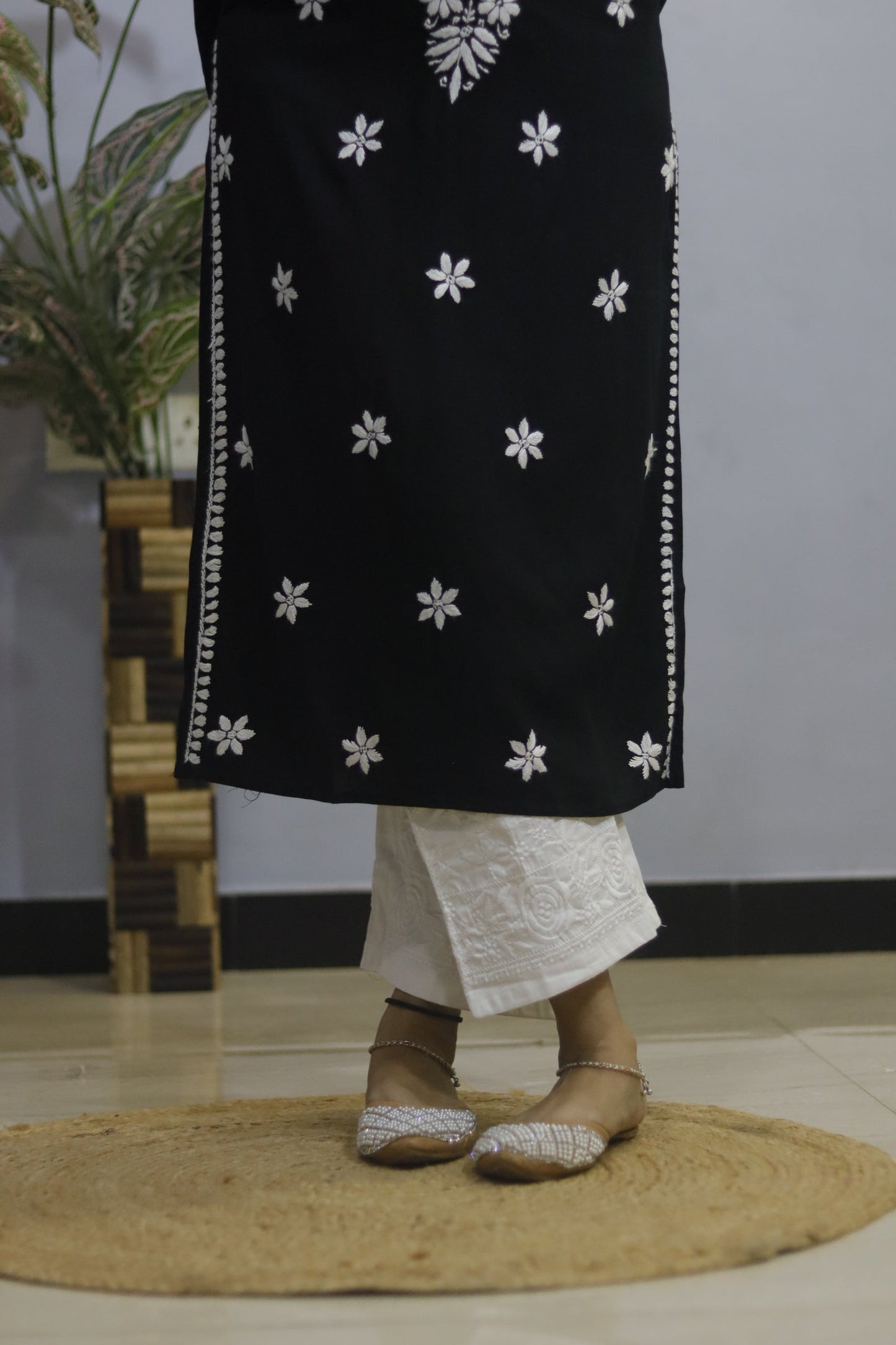 Black Hand-Embroidered Simple Rayon  Chikankari Kurti.