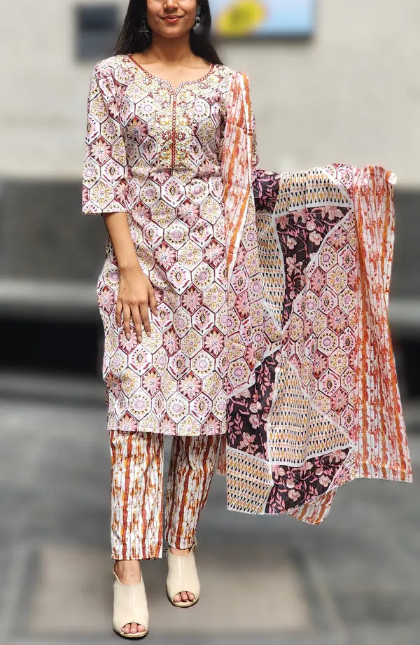 Orange Jaipuri Kurti Pant Dupatta Set