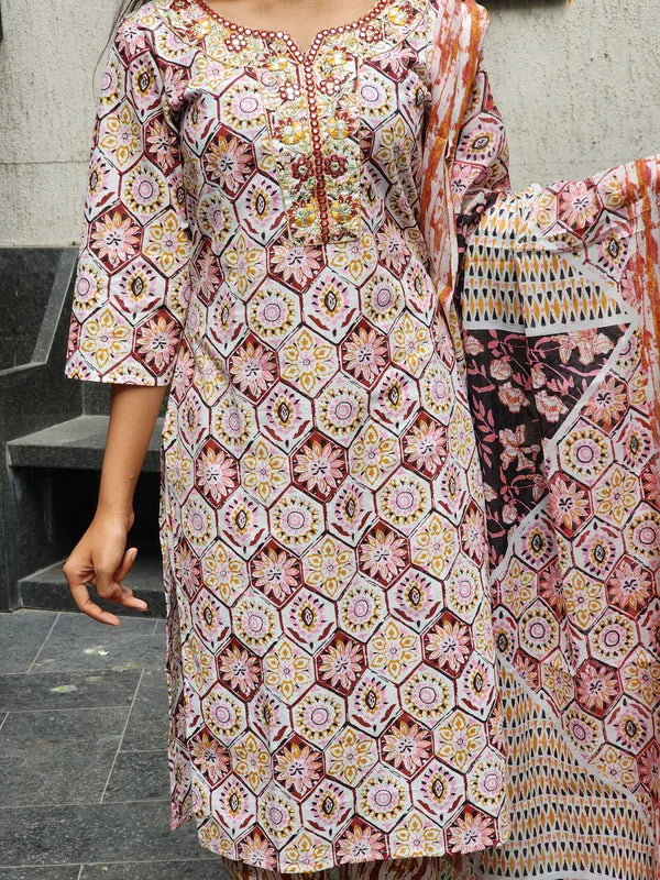 Orange Jaipuri Kurti Pant Dupatta Set