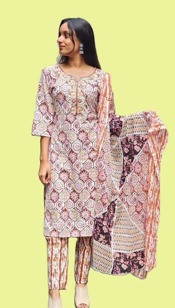 Orange Jaipuri Kurti Pant Dupatta Set