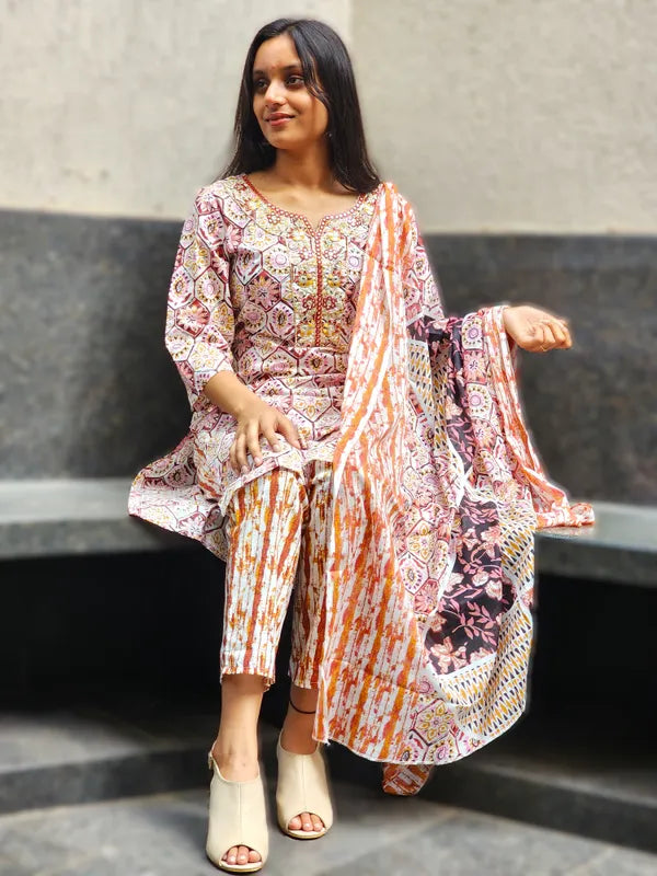 Orange Jaipuri Kurti Pant Dupatta Set