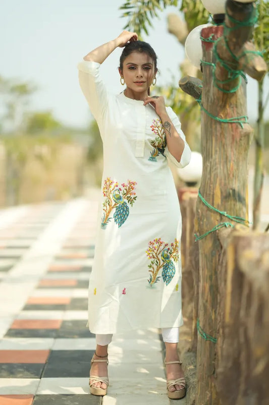 Organic Cotton Cream Hand-Painted Embroidery Kurti for Women