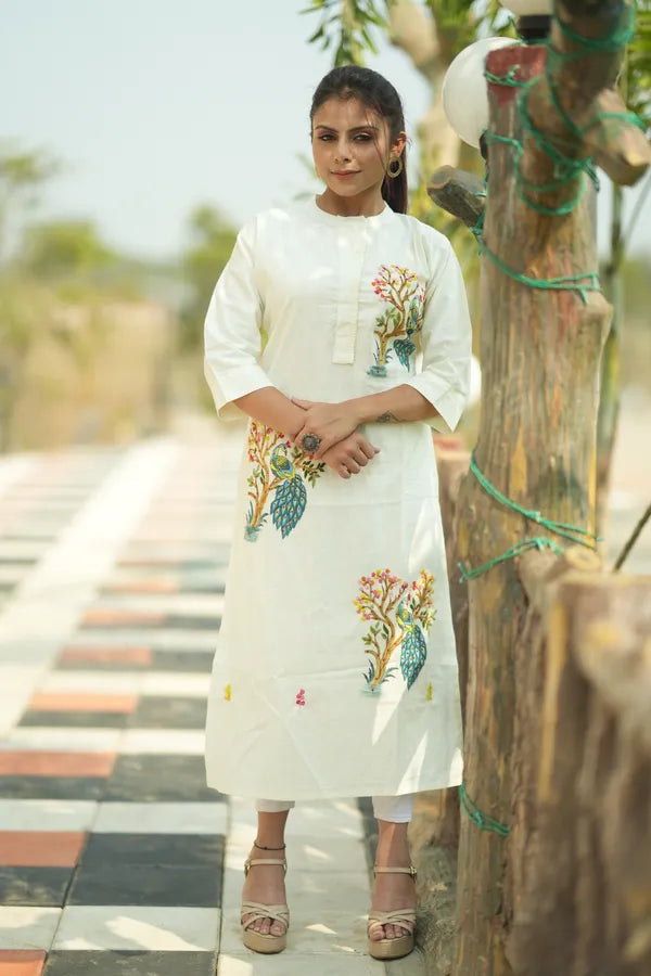 Organic Cotton Cream Hand-Painted Embroidery Kurti for Women