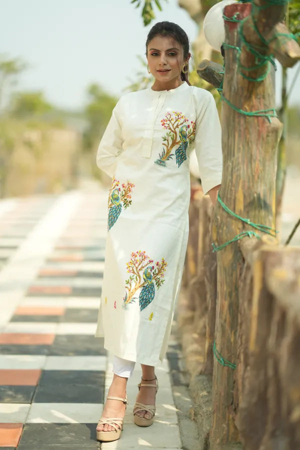 Organic Cotton Cream Hand-Painted Embroidery Kurti for Women