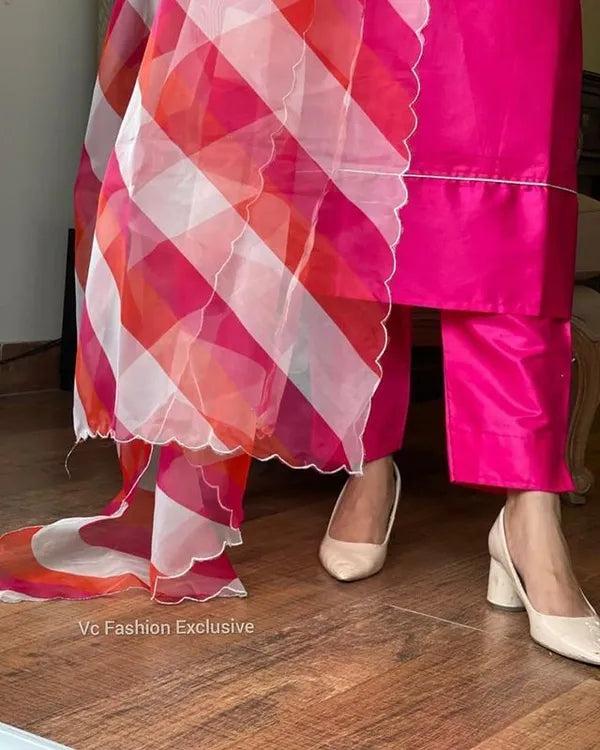 Pink Sattan Cotton Kurti Pant With Organza Duppta