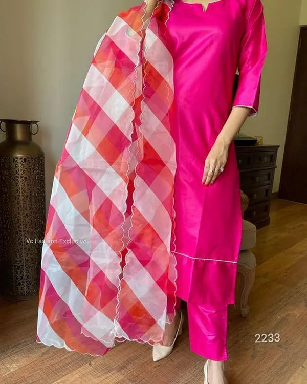 Pink Sattan Cotton Kurti Pant With Organza Duppta