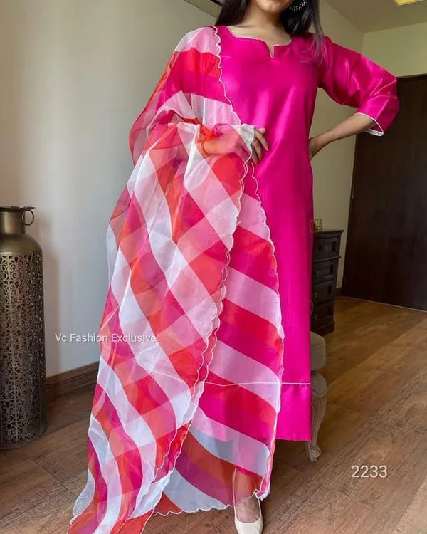 Pink Sattan Cotton Kurti Pant With Organza Duppta