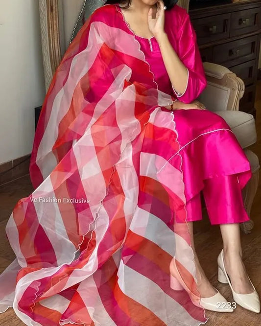 Pink Sattan Cotton Kurti Pant With Organza Duppta