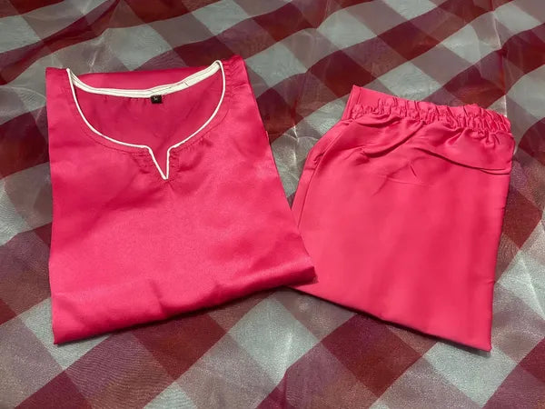 Pink Sattan Cotton Kurti Pant With Organza Duppta