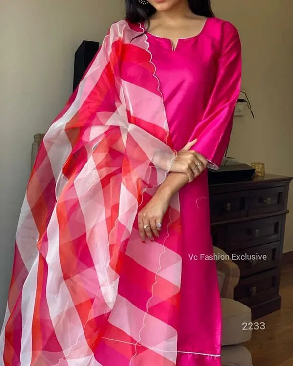 Pink Sattan Cotton Kurti Pant With Organza Duppta