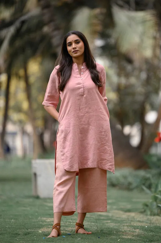 Peach pure cotton kurti pant cord set with pocket for working women