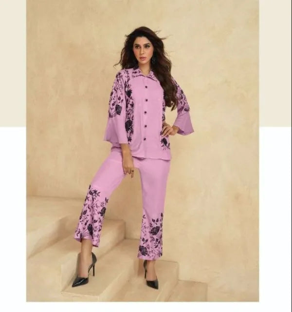 Pink black embroadried stylish cord set for women