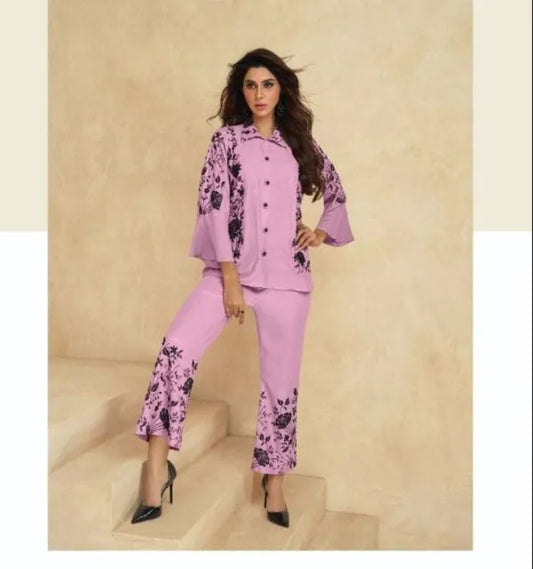 Pink black embroadried stylish cord set for women