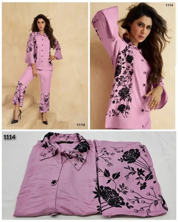 Pink black embroadried stylish cord set for women