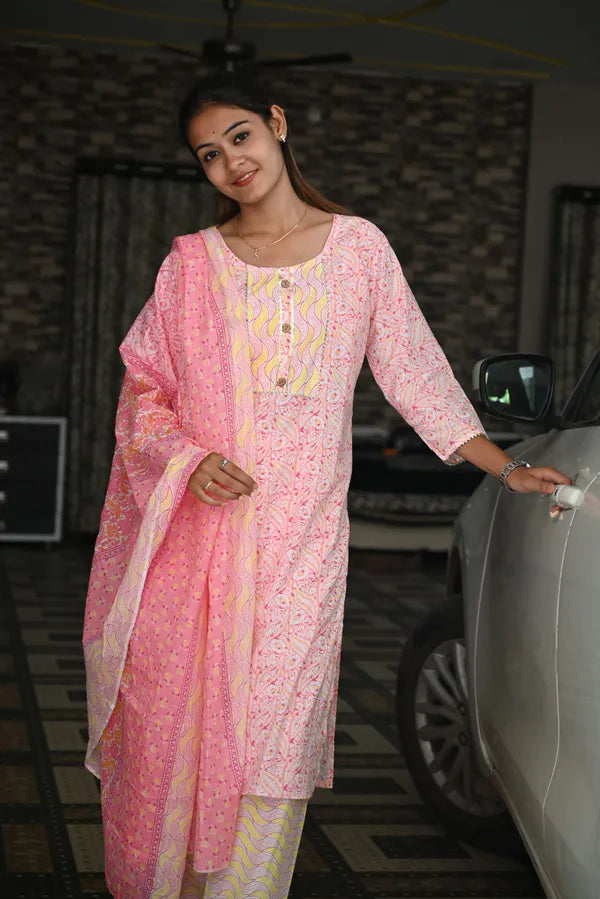 Pinkbyellow cotton kurti pant dupatta set