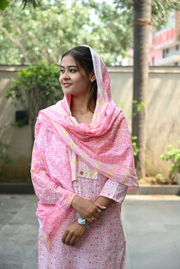Pinkbyellow cotton kurti pant dupatta set