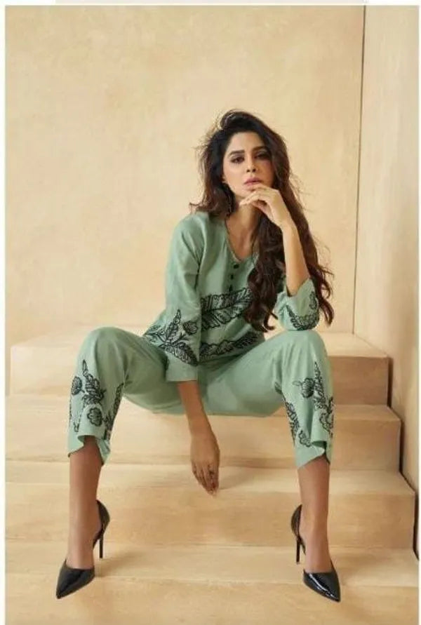 Pista green black embroadried stylish cord set for women