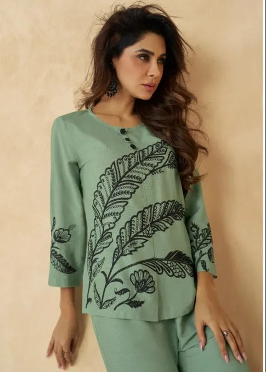 Pista green black embroadried stylish cord set for women