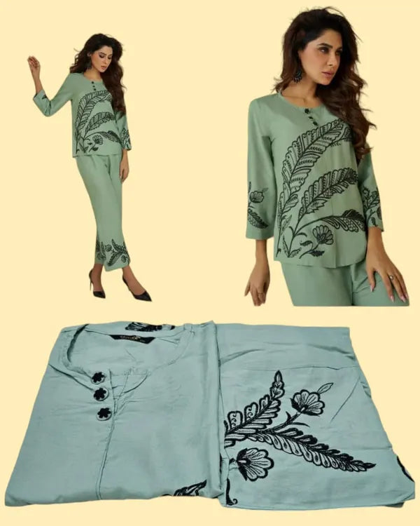 Pista green black embroadried stylish cord set for women