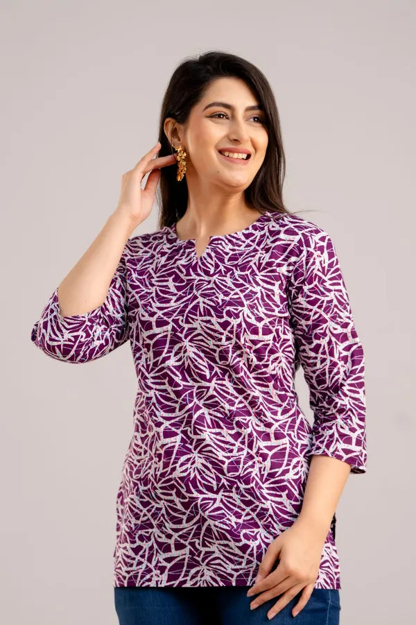 Purple printed cotton top for women