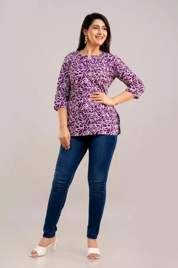 Purple printed cotton top for women