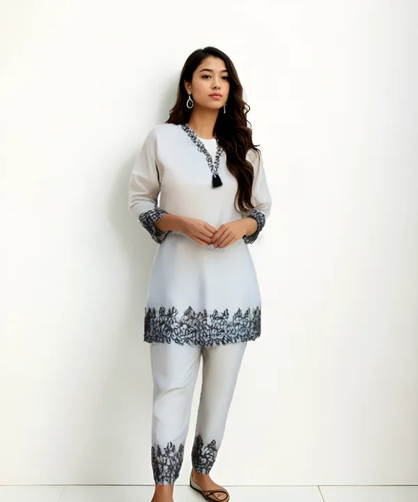White  Stylish Embroidered Rayon Cotton  Co-Ord Set