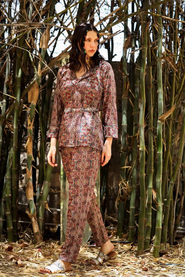 Red Multicolour Pure Cotton Musline Hand Embroidered Co-Ord Set For Women