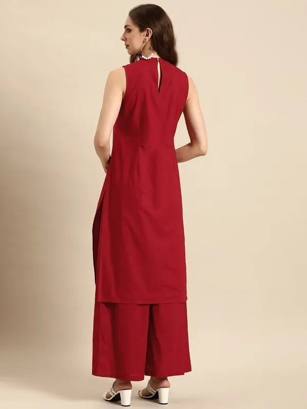 Red Pure Cotton Sleeveless Formal Kurti With Pant