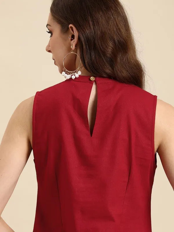 Red Pure Cotton Sleeveless Formal Kurti With Pant