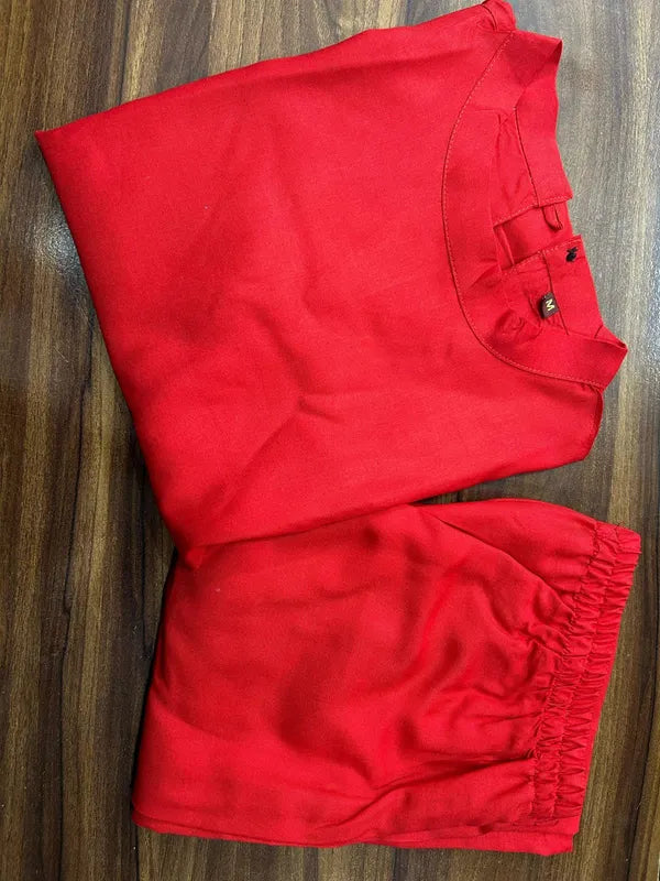 Red Pure Cotton Sleeveless Formal Kurti With Pant