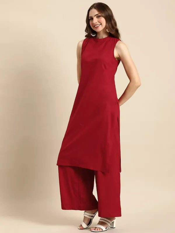 Red Pure Cotton Sleeveless Formal Kurti With Pant