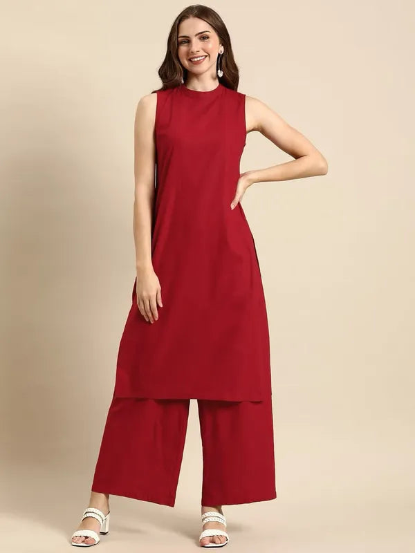 Red Pure Cotton Sleeveless Formal Kurti With Pant