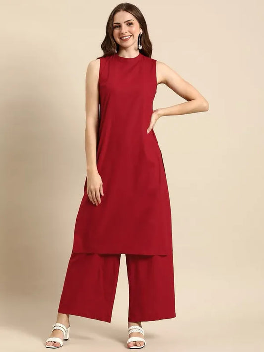Red Pure Cotton Sleeveless Formal Kurti With Pant