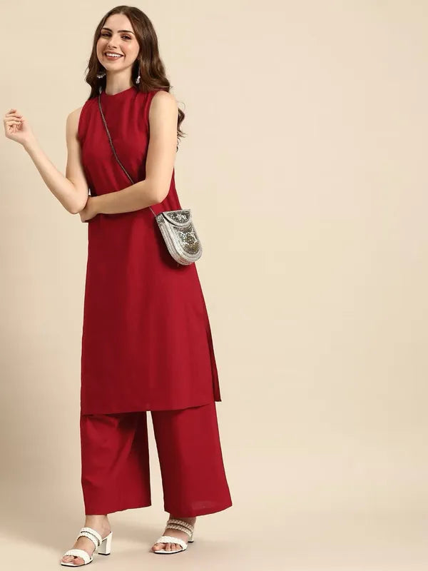 Red Pure Cotton Sleeveless Formal Kurti With Pant