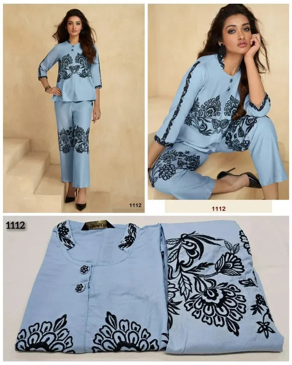 Sky blue black embroadried stylish cord set