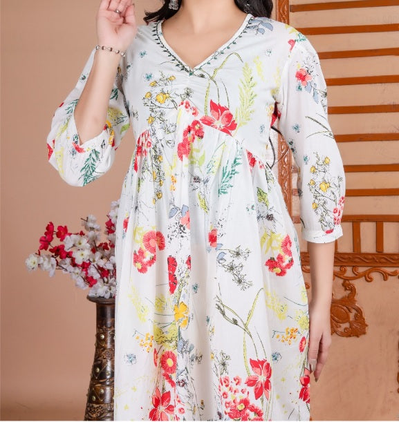 White Floral Pure Cotton Aliya Style Tunic For Women