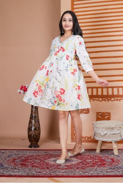 White Floral Pure Cotton Aliya Style Tunic For Women