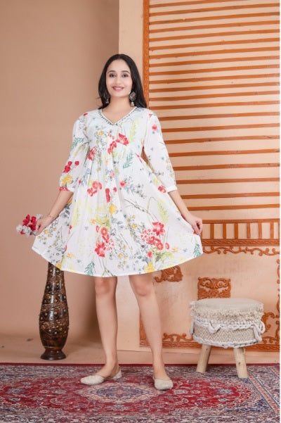 White Floral Pure Cotton Aliya Style Tunic For Women