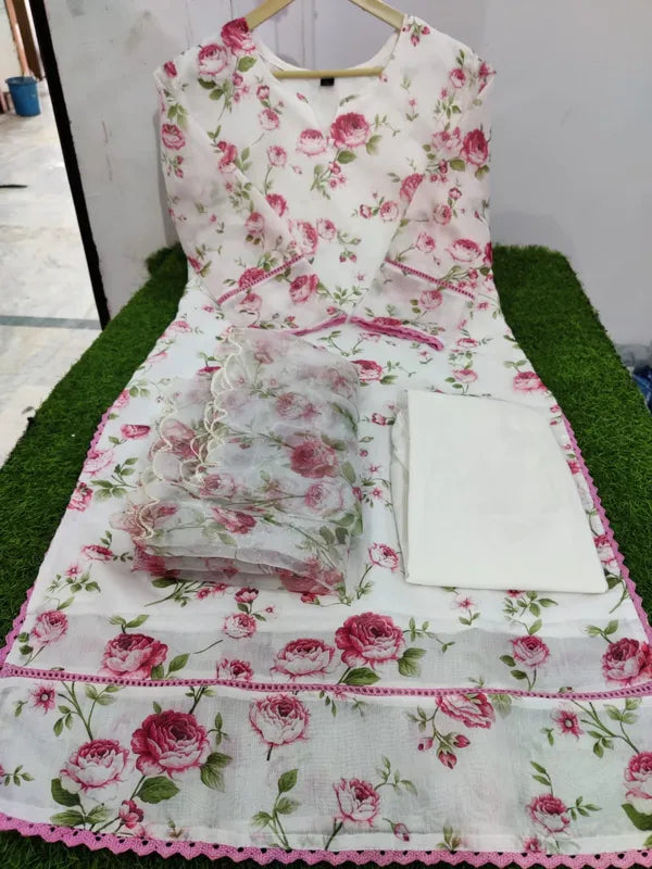 White Floral Print Organza Kurta Dupatta Set