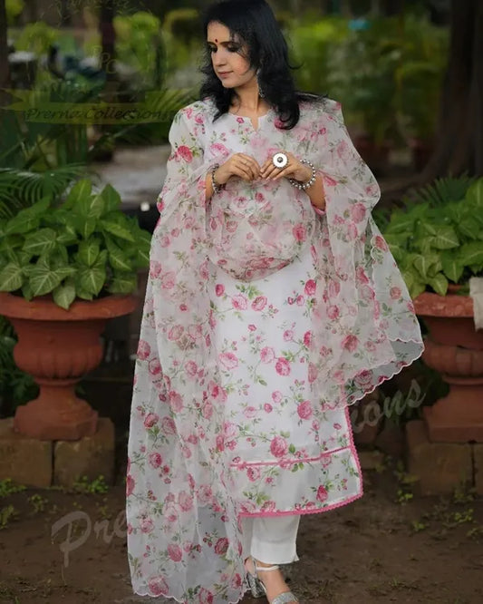 White Floral Print Organza Kurta Dupatta Set