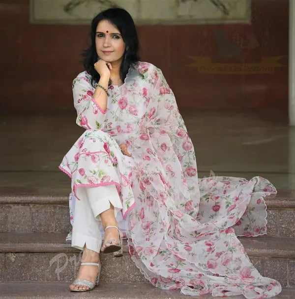 White Floral Print Organza Kurta Dupatta Set