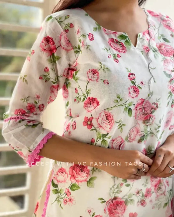 White Floral Print Organza Kurta Dupatta Set