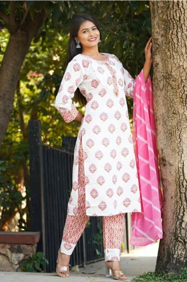 White & Pink Women Printed A-Line Kurta pant dupatta
