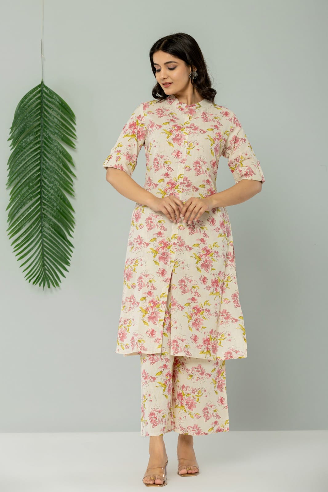 Cream Floral Khadi Cotton Flex Kurti Pant Dupatta Set For Women