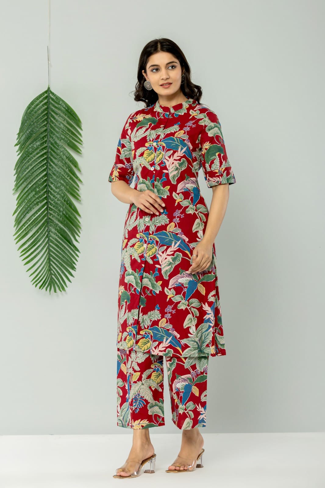 Maroon Pure Cotton Kurti Pant Set For Women