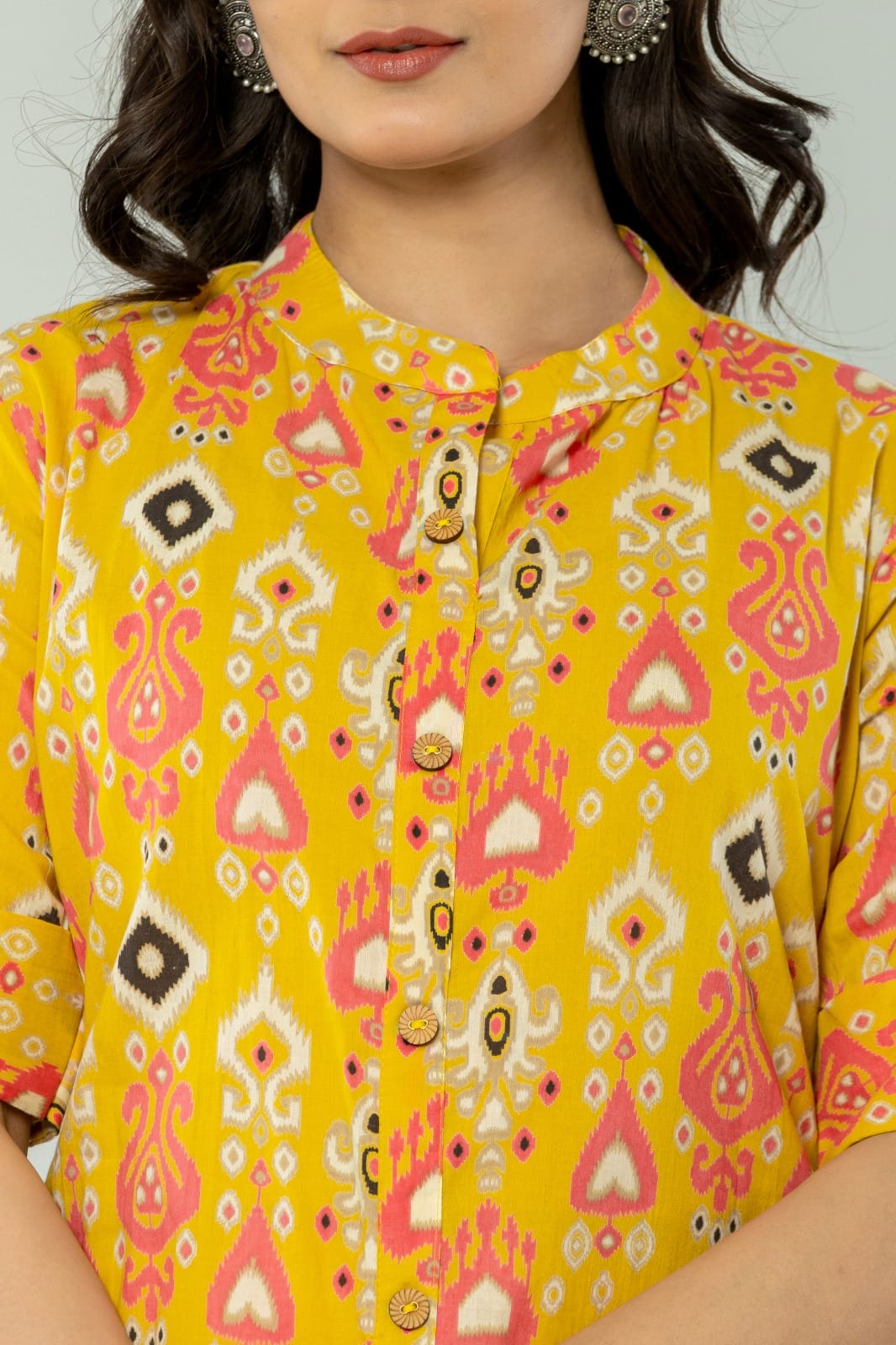 Yellow Batik Print Pure Cotton Kurti Pant Set For Women