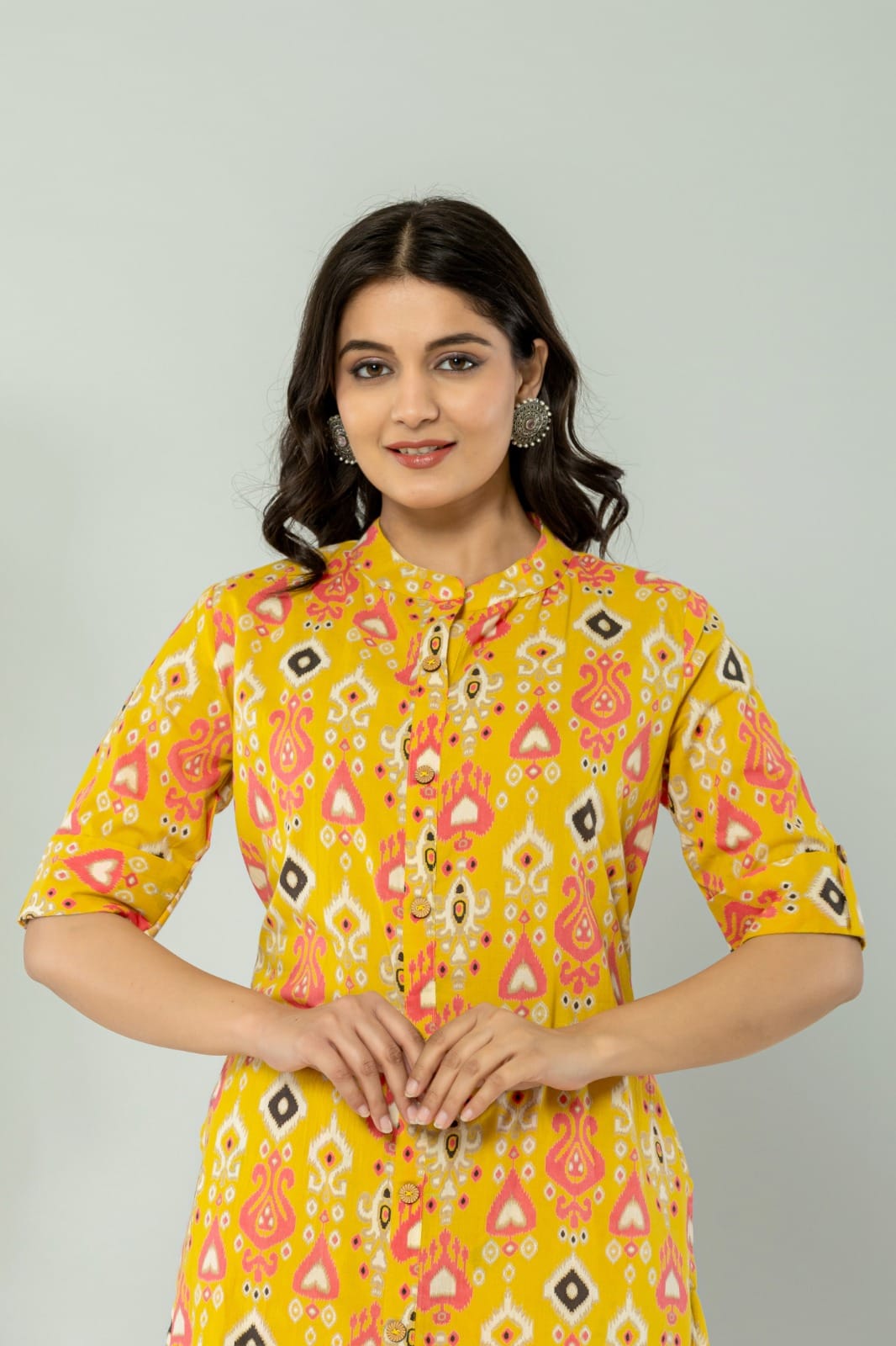 Yellow Batik Print Pure Cotton Kurti Pant Set For Women