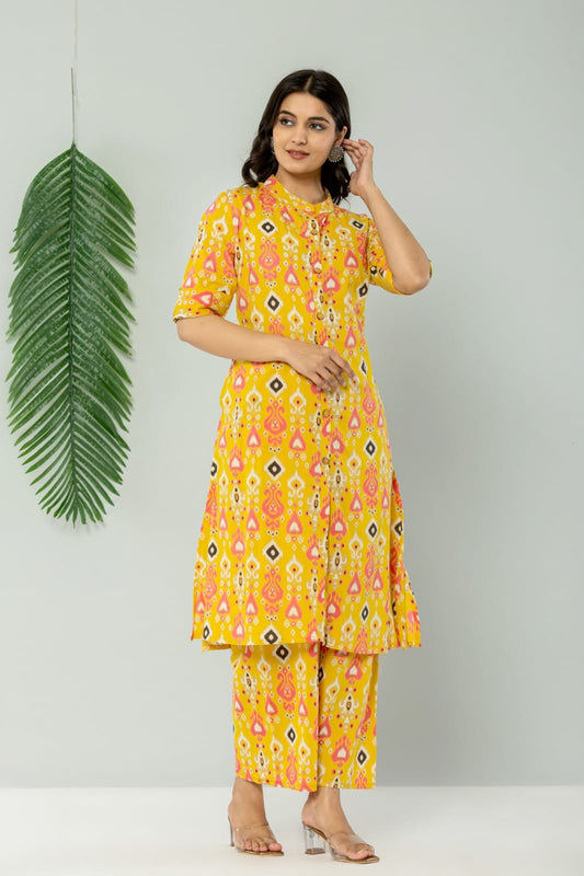 Yellow Batik Print Pure Cotton Kurti Pant Set For Women