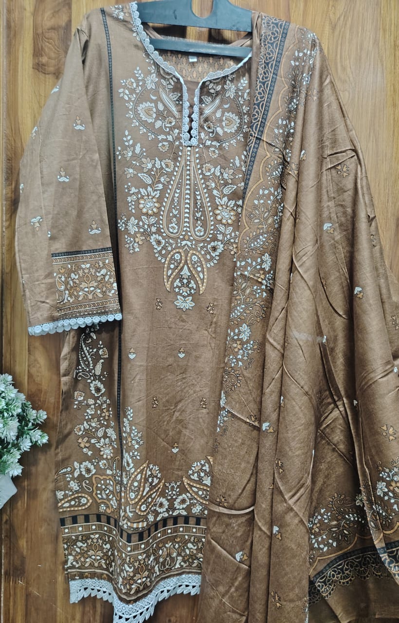 Brown Digital Printed Cotton kurti pant dupatta set