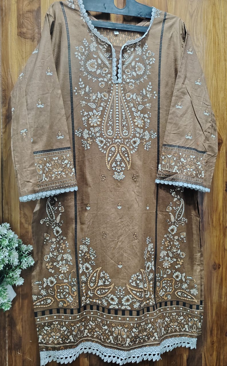 Brown Digital Printed Cotton kurti pant dupatta set